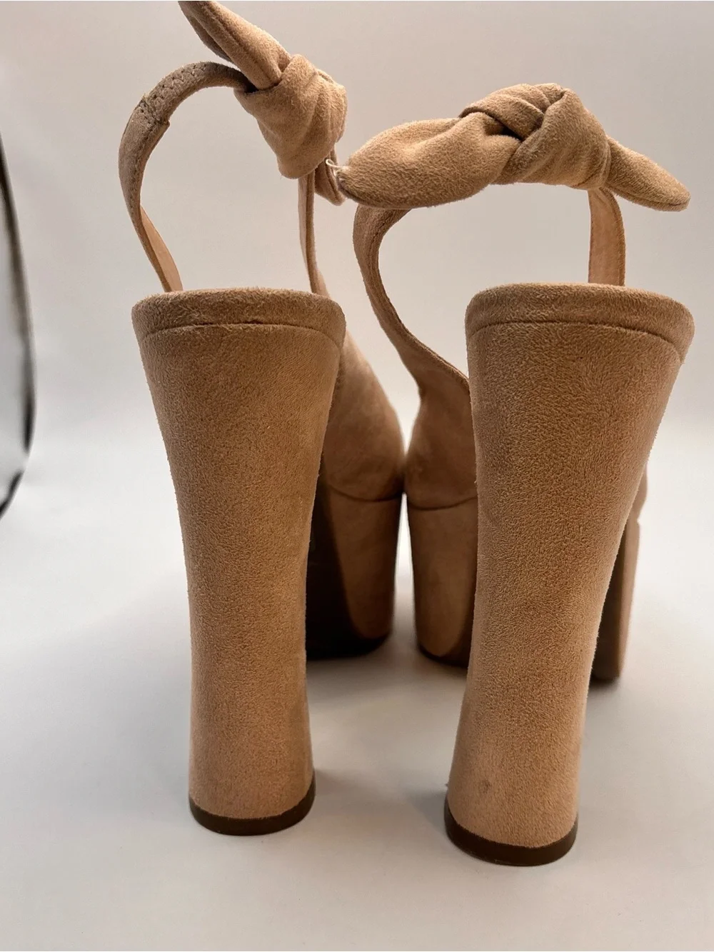 Y2K Wild Pair Nude Faux Suede Platform Slingback Ankle Bow Heels - Size 8